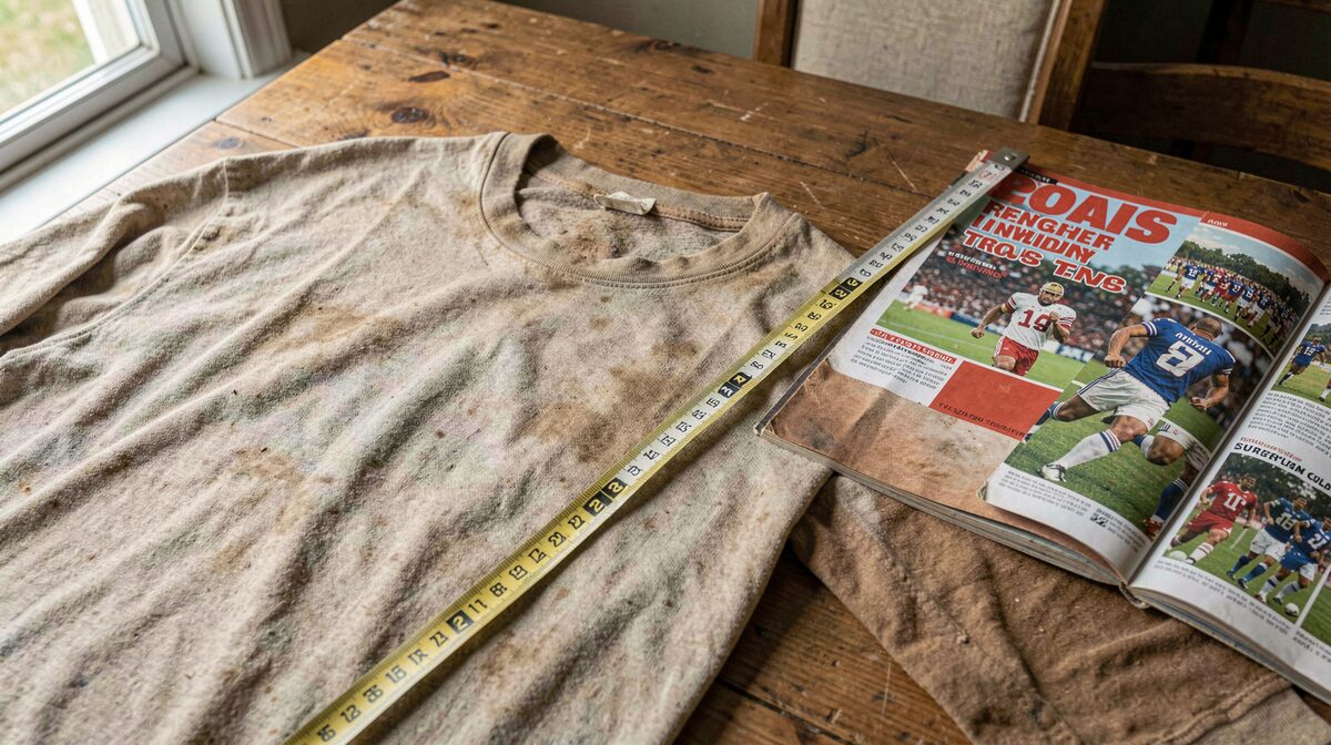 木 の 机 の 上 に 古い サッカー ユニフォーム を 平置き し、その 脇 に 布 の メジャー と 1990 年代 の カタログ を 開いて 置いた 場面。 午後 の 窓 から の 自然光 が 左 から 差し、 上 から 見下ろす 構図 で、 メジャー の 目盛り と カタログ の 寸法 表 の 数字 に 焦点 を 合わせる。